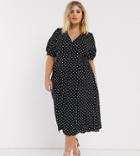 Asos Design Curve Button Through Midi Tea Dress With Shirred Waist In Spot-multi