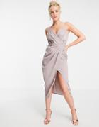 Little Mistress Satin Wrap Midi Dress In Oyster Gray-grey