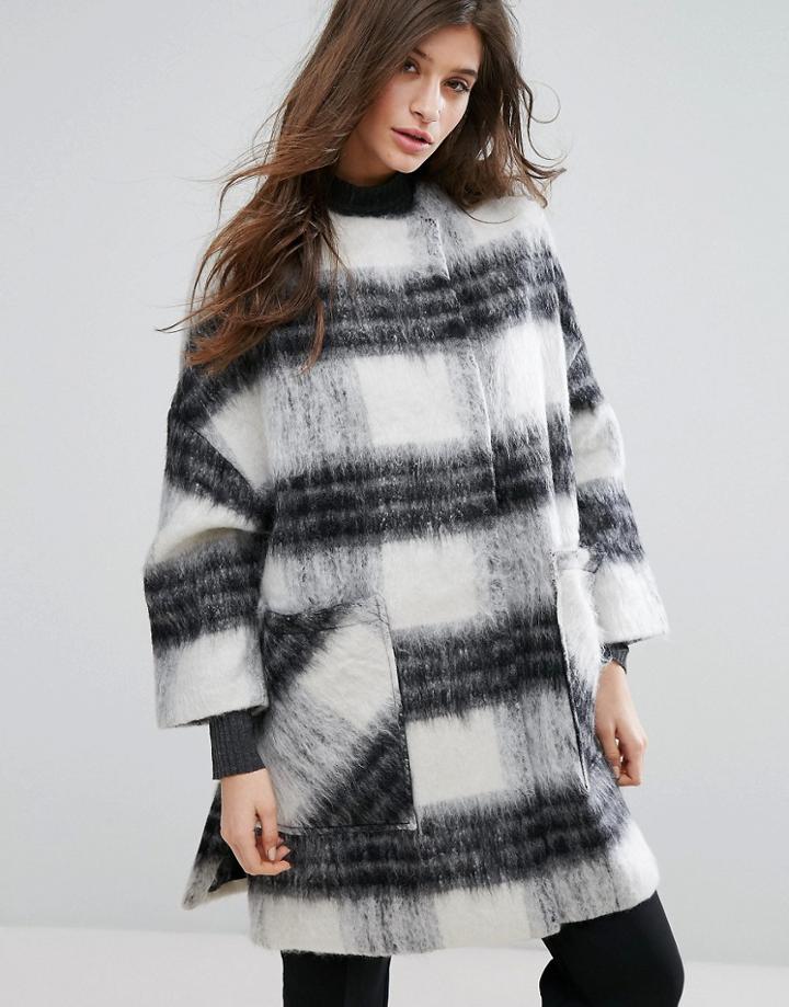 Native Youth Oversized Cape Style Check Coat - Multi