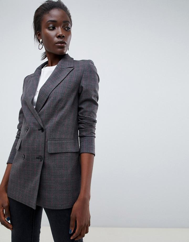 Selected Femme Check Double Breasted Blazer - Gray