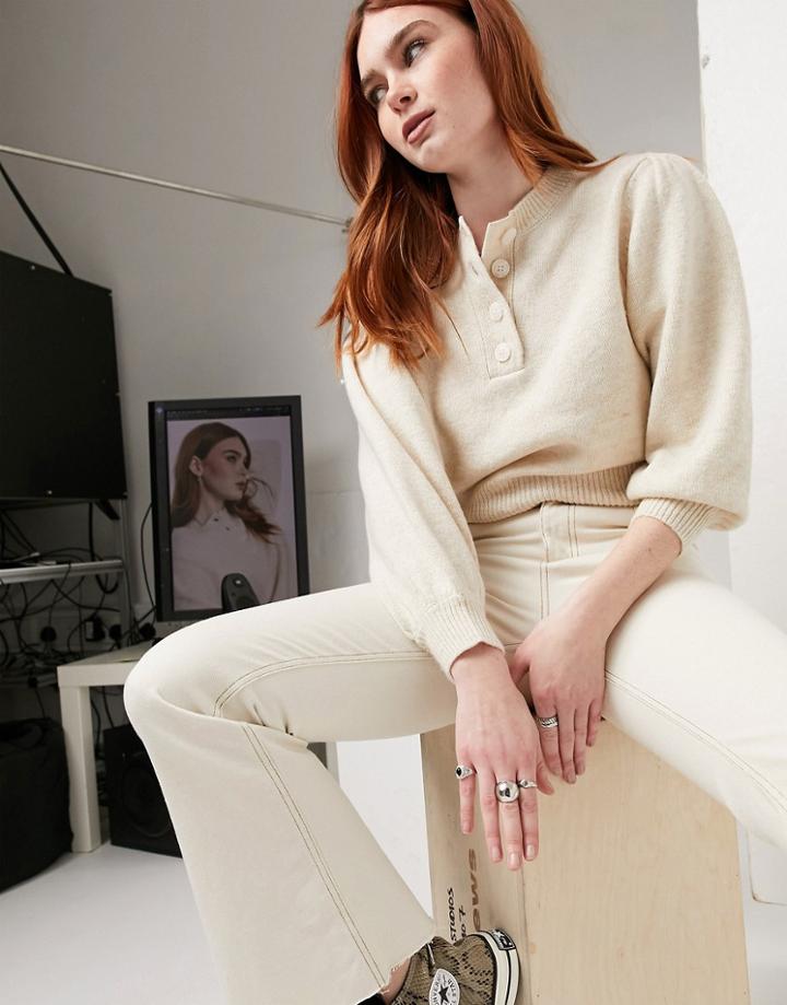 Asos Design Sweater With Button Placket In Oatmeal-neutral