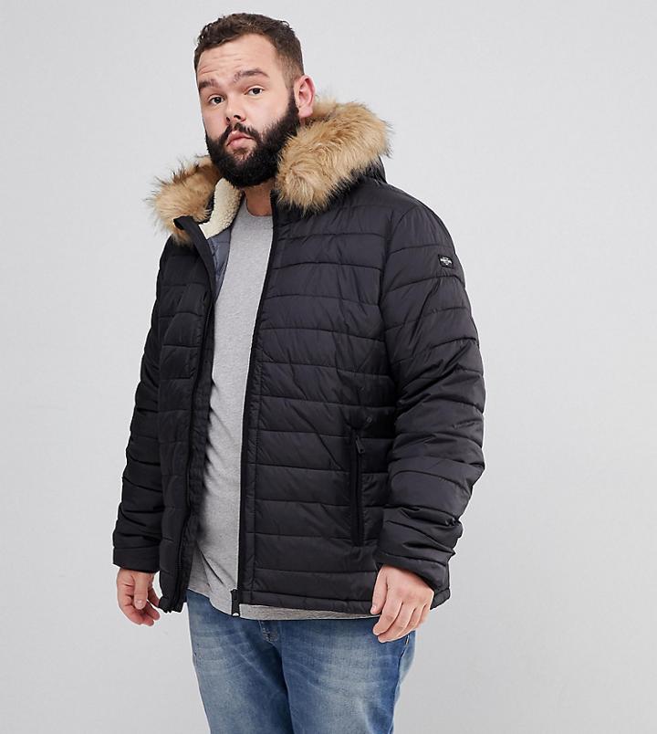 Schott Plus Rocky 2 Puffer Bomber Hooded Detachable Faux Fur Trim Slim Fit In Black - Black