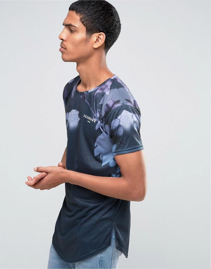 Illusive London Longline T-shirt With Neon Foliage Print - Navy