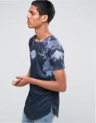 Illusive London Longline T-shirt With Neon Foliage Print - Navy