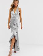 City Goddess High Low Frill Hem Maxi Dress - Silver