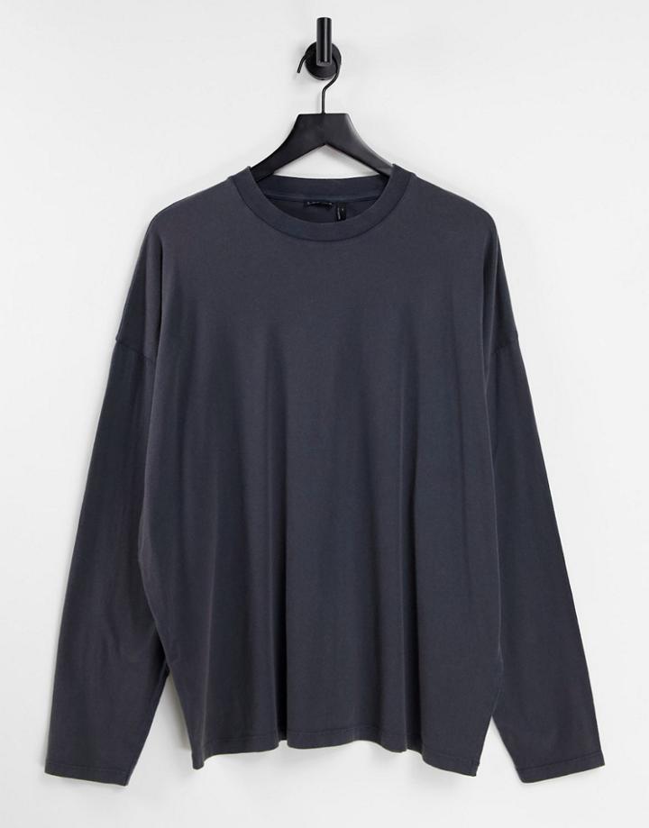 Asos Design Oversized Long Sleeve T-shirt In Navy Acid Wash