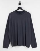 Asos Design Oversized Long Sleeve T-shirt In Navy Acid Wash