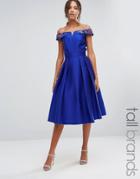 Little Mistress Tall Off Shoulder Bardot Midi Prom Dress With Floral Embellished Shoulders - Blue