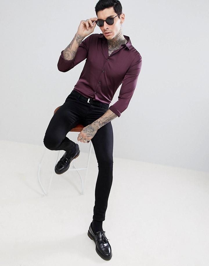 Asos Design Skinny Sateen Shirt In Burgundy-red