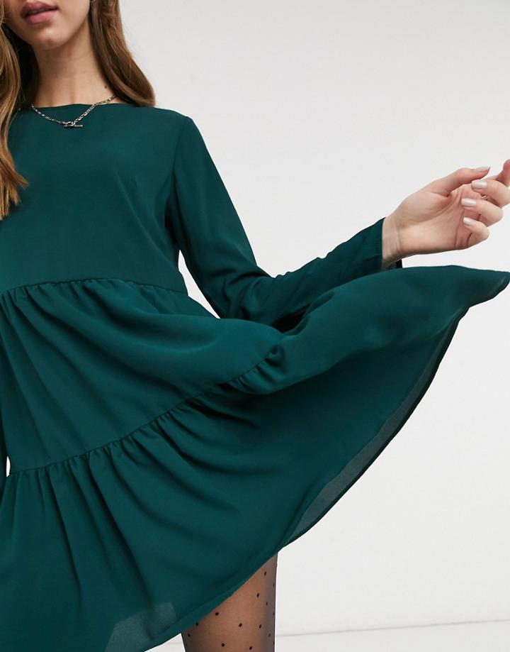 Asos Design Long Sleeve Tiered Smock Mini Dress In Green
