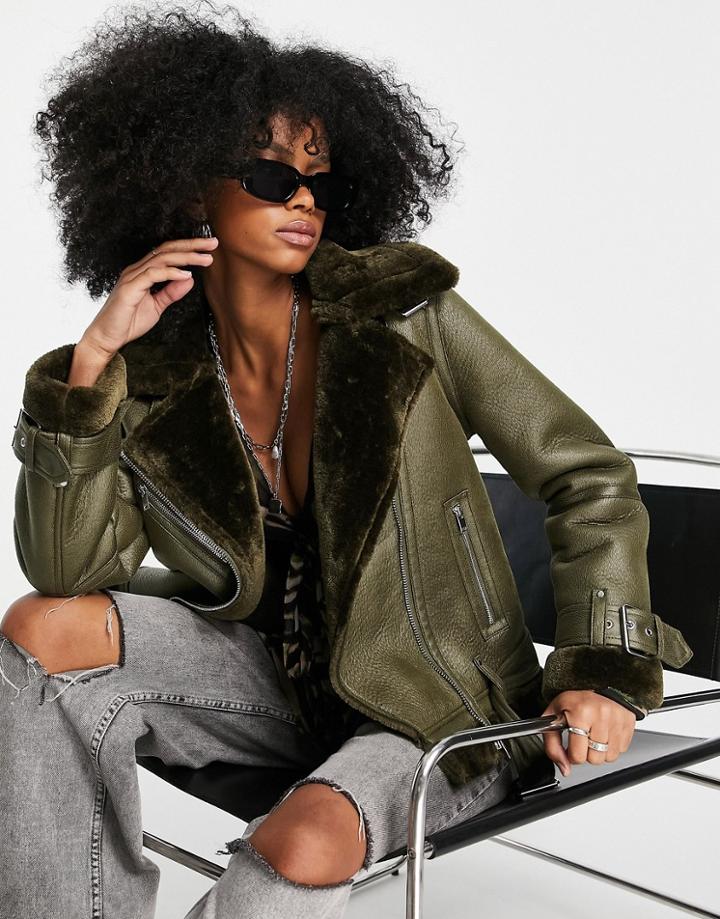 Topshop Faux Shearling Biker Jacket With Faux Fur Lining In Khaki-green