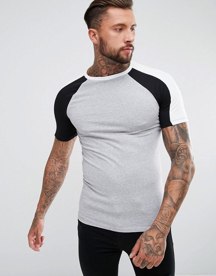 Asos Design Muscle Fit T-shirt With Double Contrast Raglan - White
