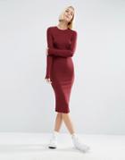 Asos Midi Body-conscious Dress In Rib With Long Sleeves - Red