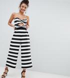 Asos Tall Bow Jumpsuit In Structured Fabric In Stripe - Black