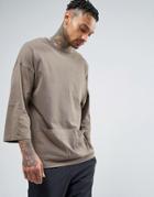 Asos Oversized 3/4 Sleeve T-shirt With Pigment Wash And Pockets - Brown