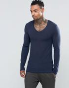 Asos Extreme Muscle Long Sleeve T-shirt With V Neck In Navy - Navy