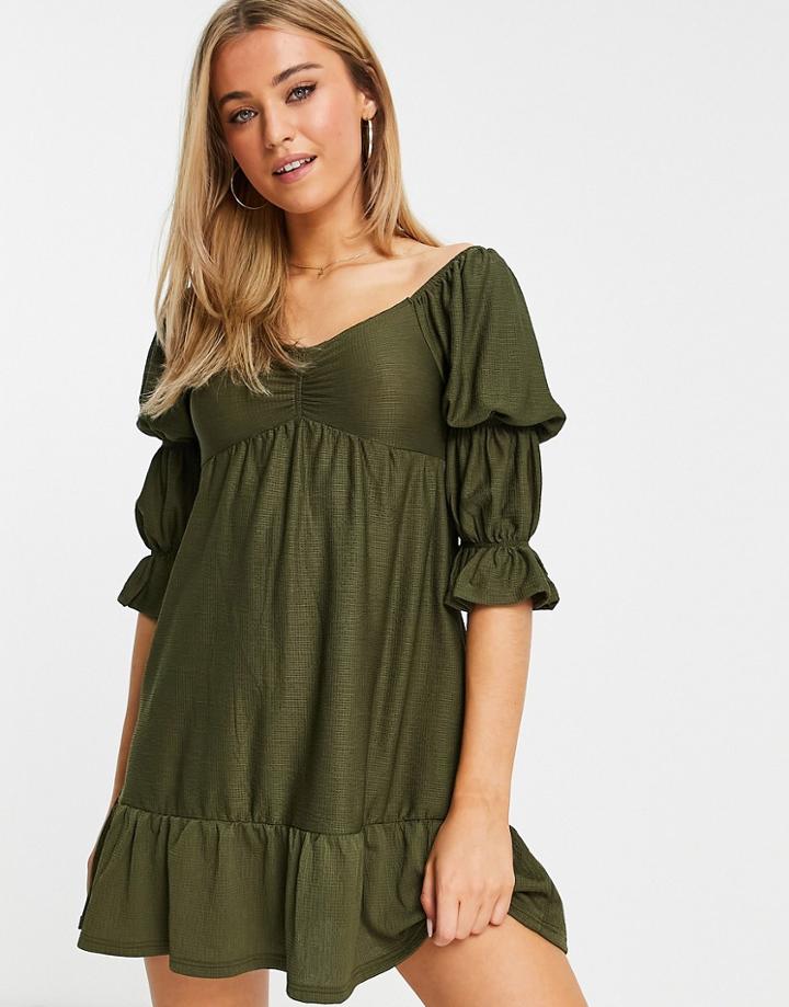 Miss Selfridge Elasticated Sleeve Mini Dress In Khaki-green