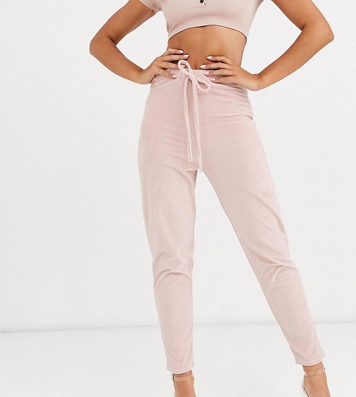 Fashionkilla Skinny Drawstring Velvet Jogger In Rose Smoke-beige