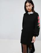 Noisy May Sweat Dress With Rose Sleeve Print - Black