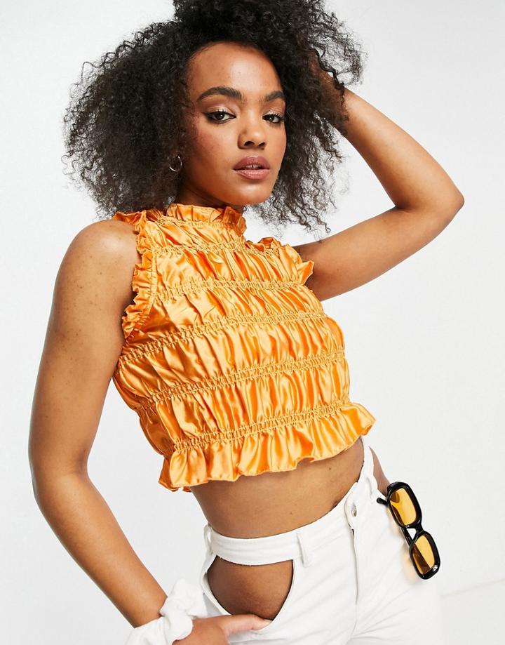 Lola May Shrired Satin Crop Top In Peach-orange