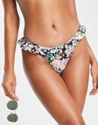 Pieces Frill Detail Bikini Bottoms In Black Floral - Part Of A Set-multi