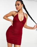 Asos Design Mesh Ruched Key Hole Strappy Mini Dress In Wine-red
