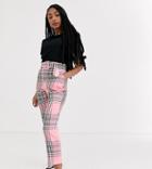 Asos Design Petite High Waist Cigarette Pants With Belt In Pink Check-multi