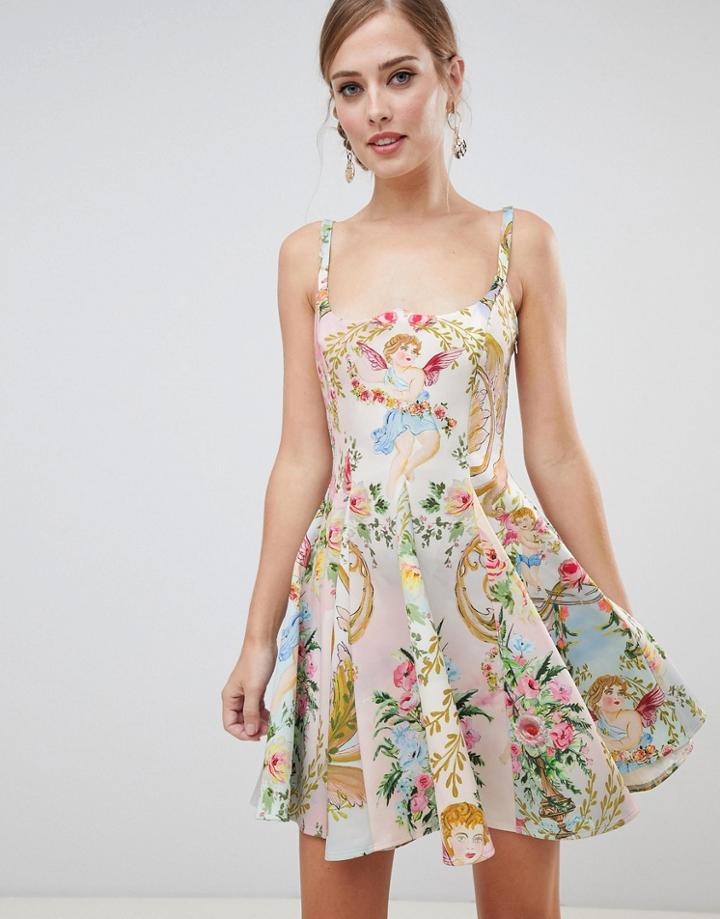 Asos Design Cherub Print Mini Skater Dress - Multi