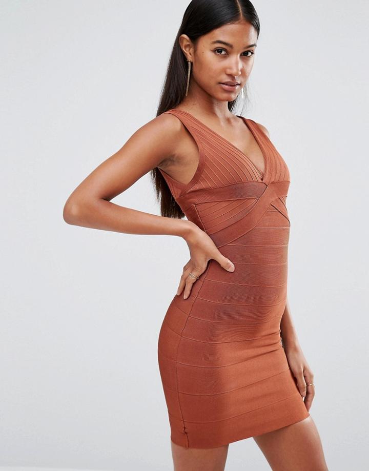 Wow Couture Bandage Plunge Front Midi Dress - Brown