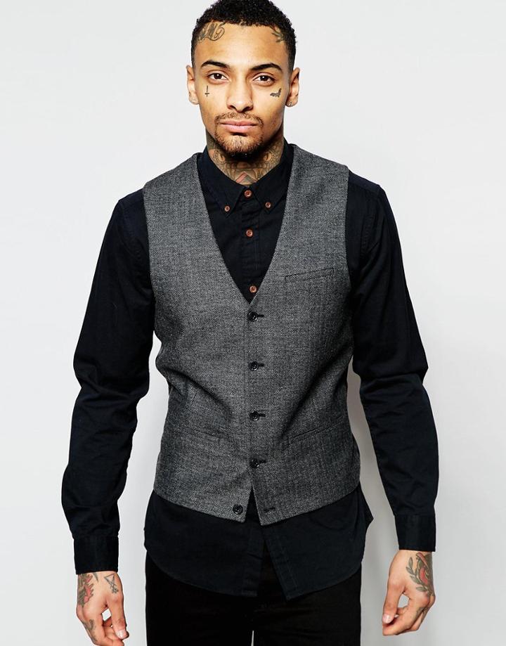 Asos Super Skinny Waistcoat In Grey Tweed - Gray