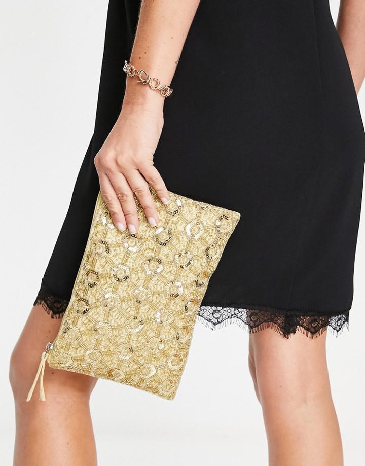 True Decadence Zip Top Embellished Clutch Bag In Geometric Gold Beading