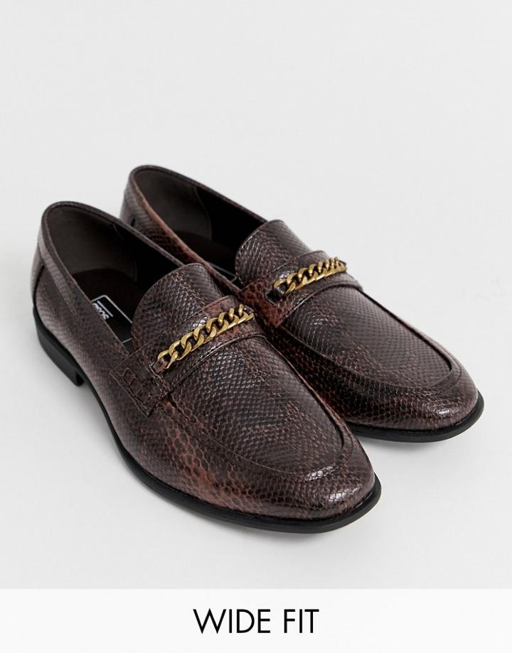 Asos Design Wide Fit Loafers In Faux Leather With Snake Effect-brown