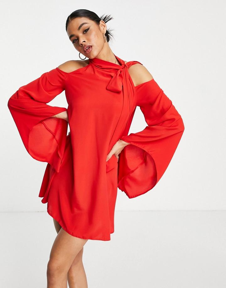 John Zack Mini Swing Dress With Tie Detail In Red
