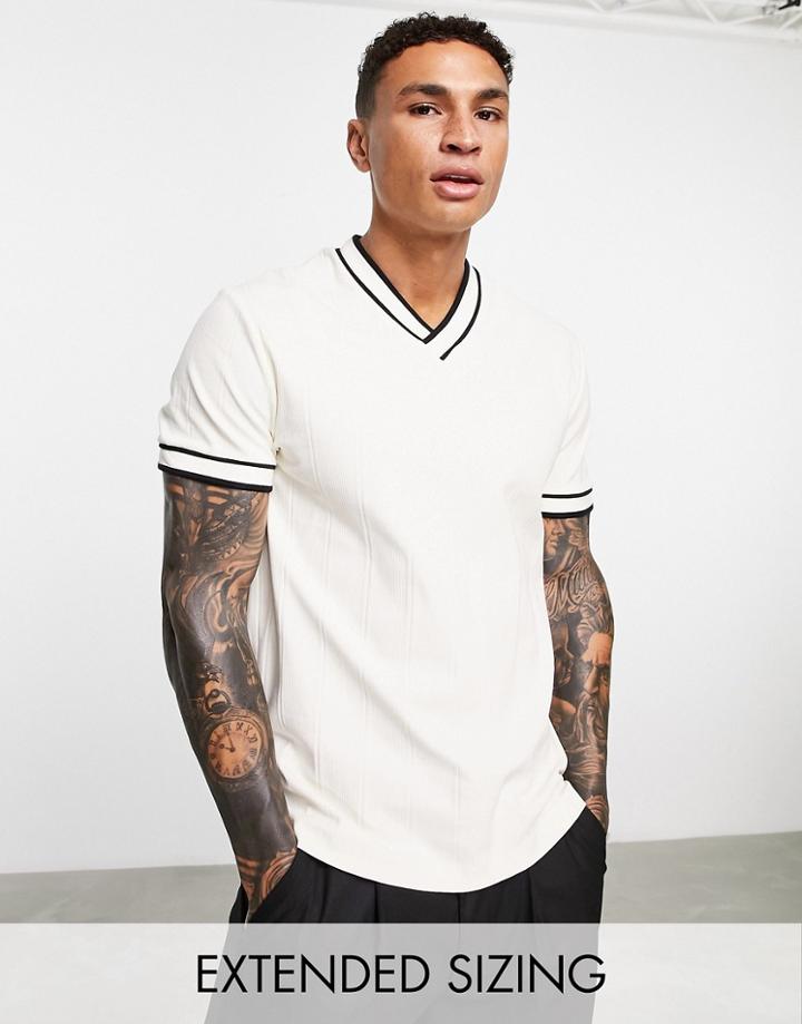 Asos Design Smart Rib V-neck T-shirt In Cream With Contrast Tipping-white