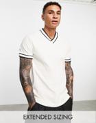 Asos Design Smart Rib V-neck T-shirt In Cream With Contrast Tipping-white