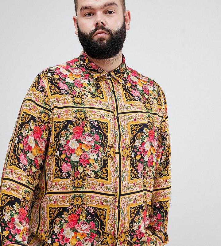 Asos Design Plus Regular Fit Floral Placement Print Shirt In Viscose - Multi