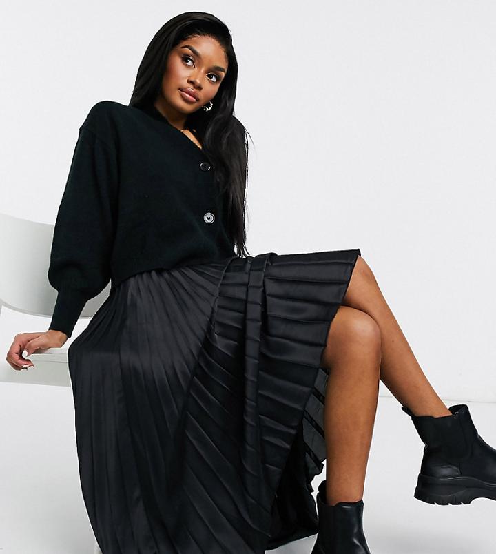 Asos Design Petite Satin Pleated Midi Skirt In Black