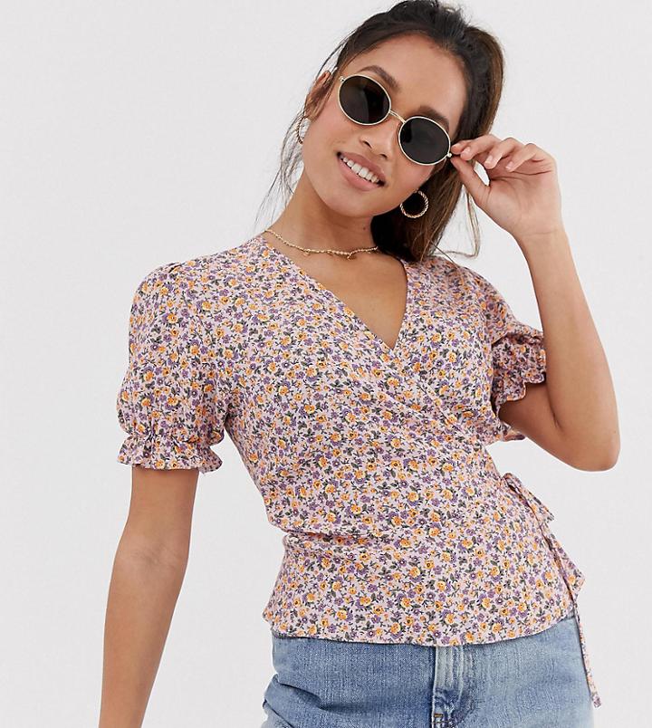 New Look Petite Floral Frill Hem Wrap Top In Purple