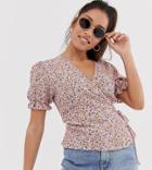New Look Petite Floral Frill Hem Wrap Top In Purple