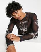 Asos Design Muscle Long Sleeve T-shirt In Black Printed Mesh