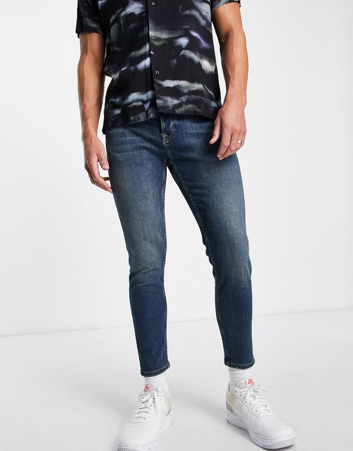 Topman Tapered Jeans In Green Cast Dark Wash-blue
