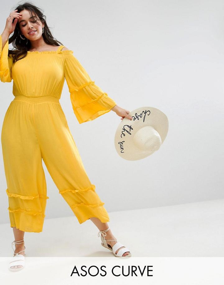 Asos Curve Cold Shoulder Jumpsuit In Crinkle With Frill Detail - Yellow