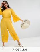 Asos Curve Cold Shoulder Jumpsuit In Crinkle With Frill Detail - Yellow