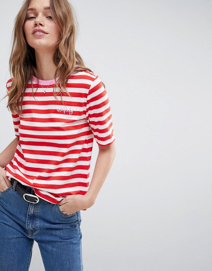 Only Anabella Striped Embroidered T-shirt - Red