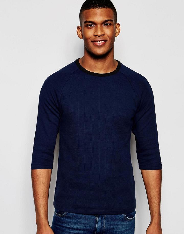 Asos Waffle Muscle 3/4 Sleeve T-shirt With Contrast Neck - Navy
