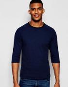 Asos Waffle Muscle 3/4 Sleeve T-shirt With Contrast Neck - Navy