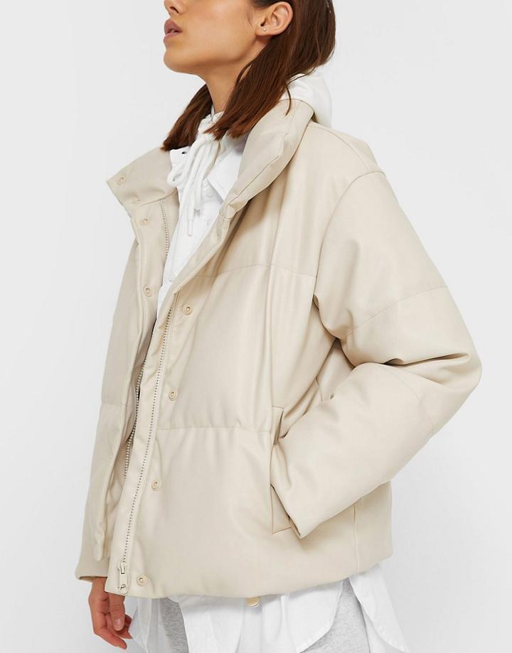 Stradivarius Faux Leather Padded Puffer Jacket In Ecru-neutral