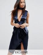 Naanaa Wrap Front Midi Dress In Hammered Satin - Navy