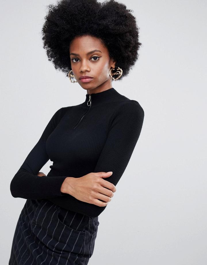Miss Selfridge Zip Funnel Neck Long Sleeved Top - Black