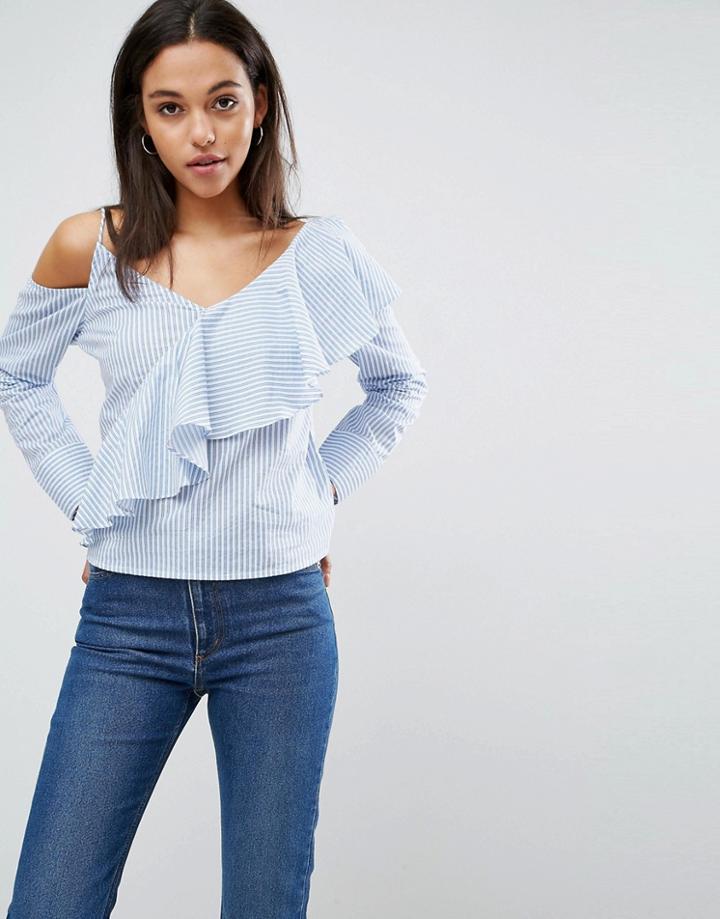 Asos Asymmetric Cotton Ruffle Top In Stripe - Multi